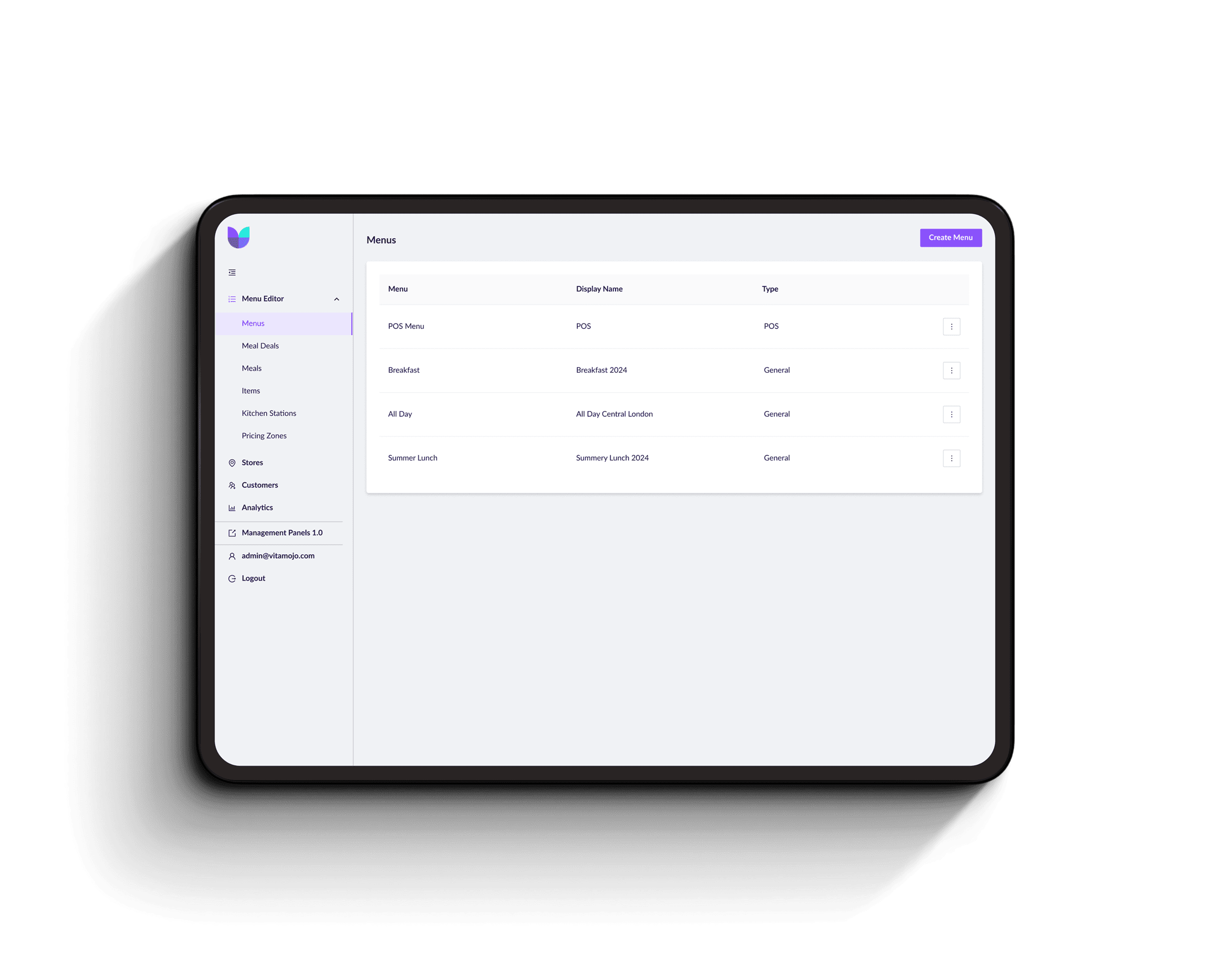 Centralised menu management software