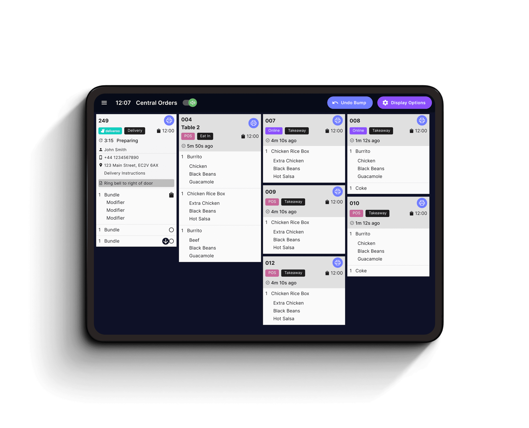 Kitchen Management system showing orders on the screen