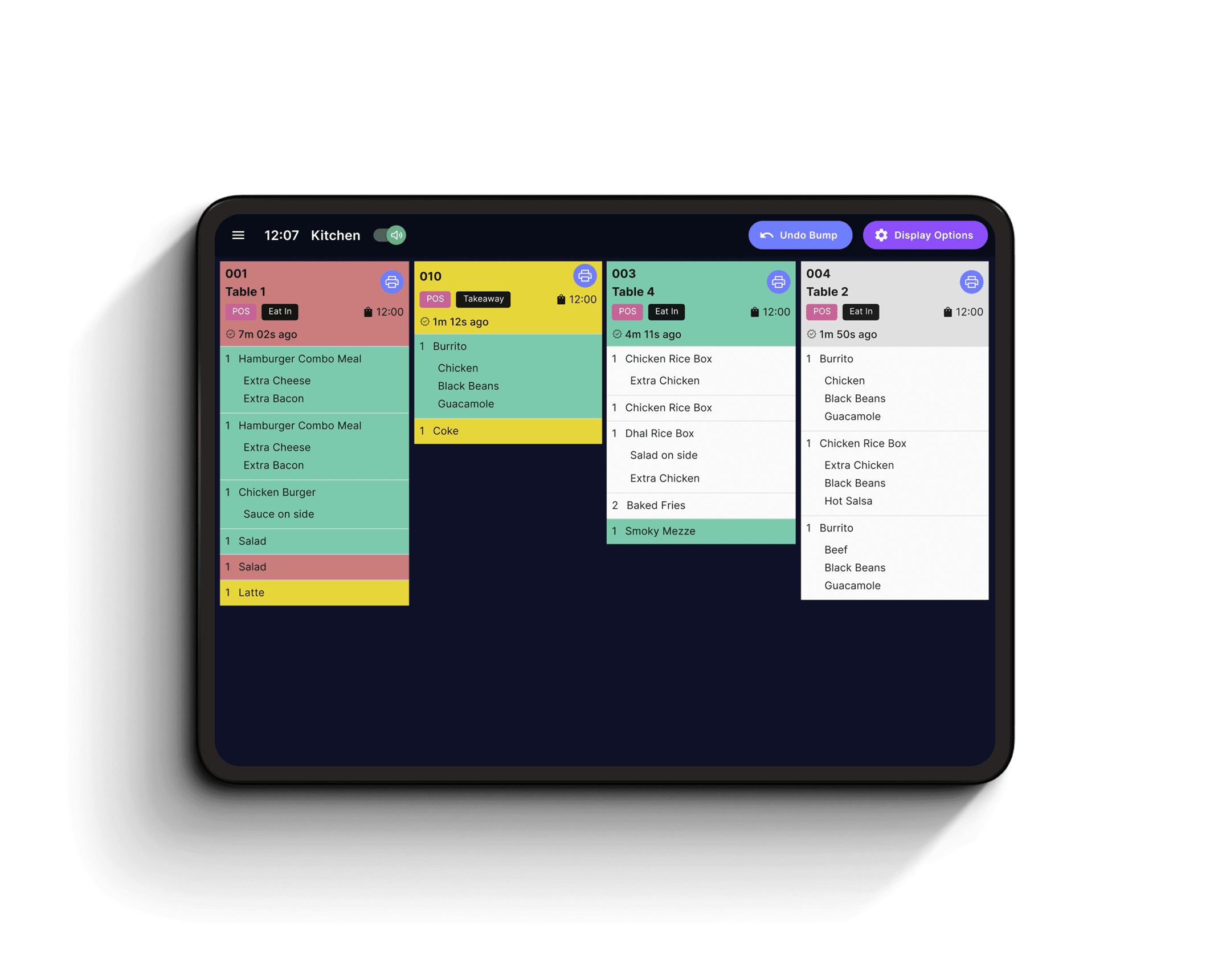 Colour coded tickets in a kitchen display screen