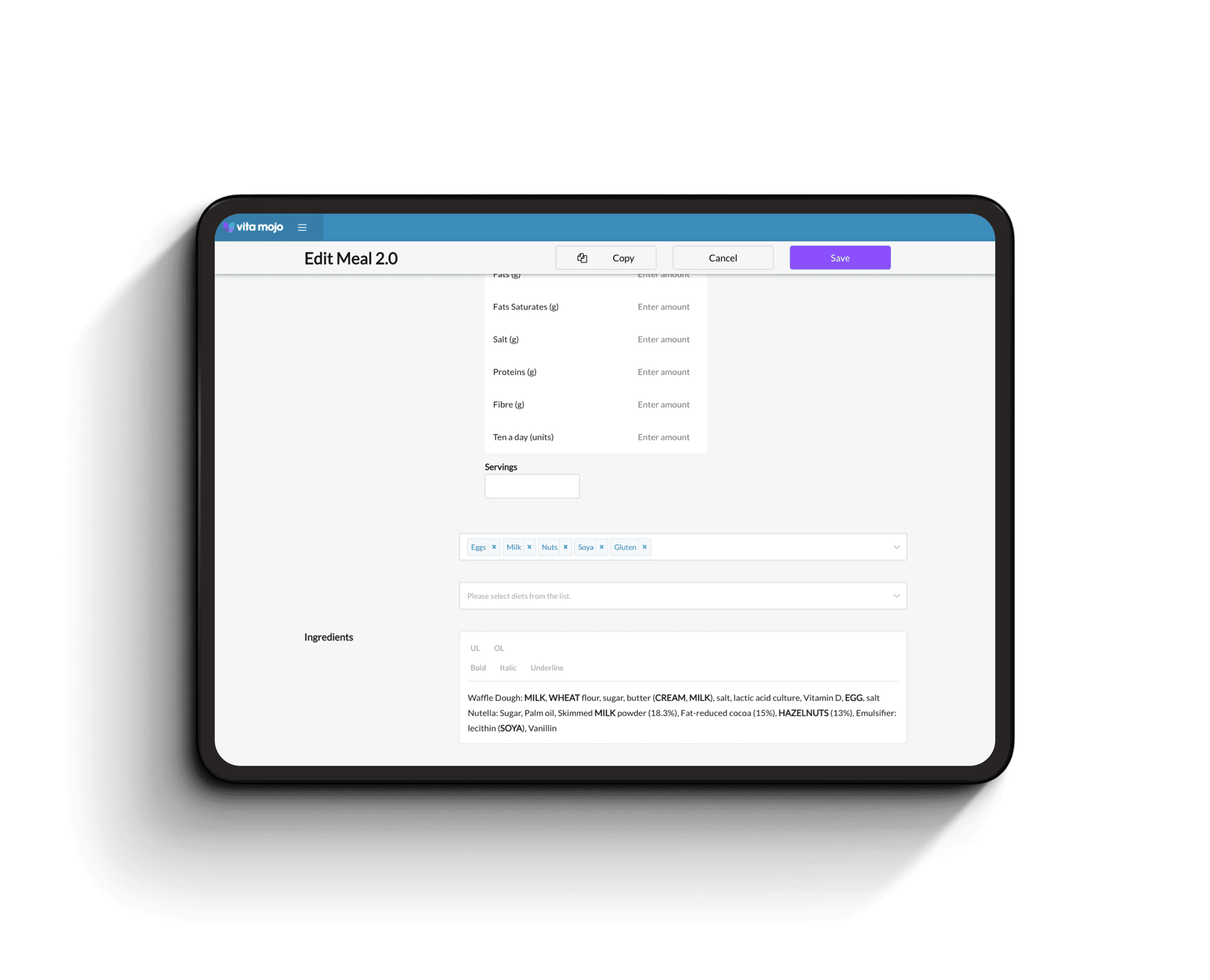 Centralised menu management with nutrition information