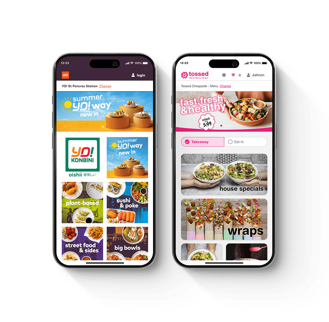Mobile phones featuring menus from Tossed and YO!