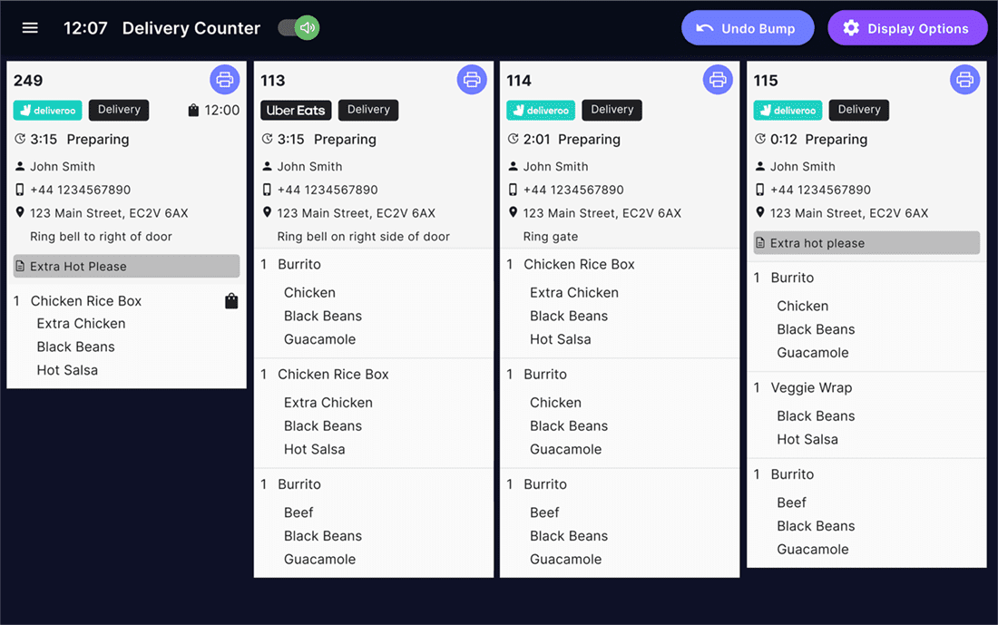 Kitchen management system displaying orders from delivery companies