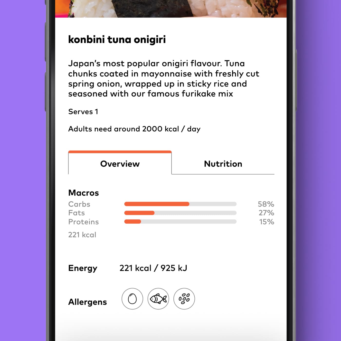 nutritional information on a YO Sushi app menu